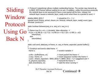 Sliding
Window
Protocol
Using Go
Back N
Continued 
Dr.T.Thendral, Assistant Professor,
SRCW
 
