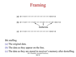 Framing
Bit stuffing
(a) The original data.
(b) The data as they appear on the line.
(c) The data as they are stored in receiver’s memory after destuffing.
Dr.T.Thendral, Assistant Professor,
SRCW
 