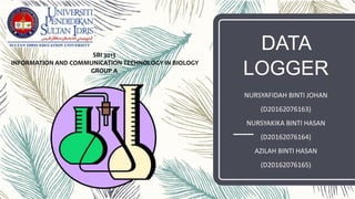 DATA
LOGGER
NURSYAFIDAH BINTI JOHAN
(D20162076163)
NURSYAKIKA BINTI HASAN
(D20162076164)
AZILAH BINTI HASAN
(D20162076165)
SBI 3013
INFORMATION AND COMMUNICATION TECHNOLOGY IN BIOLOGY
GROUP A
 