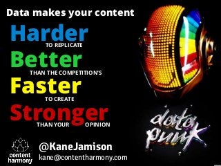 Data makes your content

Harder  TO REPLICATE


Better
    THAN THE COMPETITION’S


Faster  TO CREATE


Stronger
      THAN YOUR        OPINION



      @KaneJamison
      kane@contentharmony.com
 