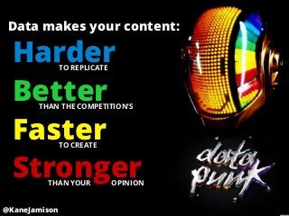 Data makes your content:

  Harder       TO REPLICATE



  Better
       THAN THE COMPETITION’S



  Faster       TO CREATE



  Stronger
         THAN YOUR            OPINION


@KaneJamison
 