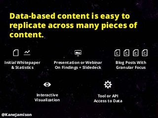 Data-based content is easy to
   replicate across many pieces of
   content.


 Initial Whitepaper      Presentation or Webinar     Blog Posts With
     & Statistics        On Findings + Slidedeck     Granular Focus




                 Interactive                 Tool or API
                Visualization              Access to Data


@KaneJamison
 