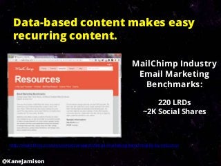 Data-based content makes easy
   recurring content.

                                                           MailChimp Industry
                                                            Email Marketing
                                                             Benchmarks:

                                                                    220 LRDs
                                                                ~2K Social Shares



  http://mailchimp.com/resources/research/email-marketing-benchmarks-by-industry/


@KaneJamison
 