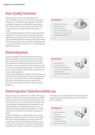 UniserV Data ManaGeMent




  Data Quality Initiativen
  Die Grundlage und die Grundvoraussetzung für
  optimierte Abläufe in einem Unternehmen sind glaub-            Zielprojekte
  würdige, d.h. in alle Richtungen belastbare Unterneh-
  mensdaten. Doppelte und fehlerhafte Datensätze im                 Dublettenbereinigung
  Unternehmen hemmen die Prozesse und stellen nicht                 Adressvalidierung
  zuletzt gemachte Aussagen und Entscheidungen in                   Datenanreicherung
  Frage.                                                            Sanktionslistenüberwachung
  Uniserv Data Management stellt die notwendige Daten-              Betrugserkennung- & Abwehr
  qualität in den operativen oder analytischen Business-            Geldwäschebekämpfung
  Applikationen sicher. Einmal erreichte (Data Cleansing)           u.a.
  und regelmäßig überwachte Datenqualität (DQ- Firewall
  / Monitoring) beschleunigt fast alle Ihre Geschäftsprozes-
  se und verschafft Ihnen einen nicht zu unterschätzenden
  Wettbewerbsvorteil.



  Datenintegration
  Business Intelligence & Data Warehouse: Mit Uniserv
  Data Management integrieren Sie Ihre Unternehmens-             Zielprojekte
  daten auch wirklich unternehmensweit. Eine einheit-
  liche, qualitativ hochwertige Datenbasis versetzt Ihre            Data Warehouse
  Anwender in die Lage, Daten schnell zu analysieren und            Business Intelligence
  so z.B. rechtzeitig auf Markttendenzen zu reagieren. Bei          Performance Management
  Uniserv steht die Datenqualität im Zentrum der Ausrich-           - z.B. Absatz- Umsatzplanung
  tung und des Angebotes.                                           - Bonitätsprüfung
  Uniserv Data Management integriert nicht nur Daten aus            - Forderungsmanagement
                                                                    - u.a.
  unterschiedlichen Datenquellen, sondern sorgt gleichzei-
  tig für eine unternehmensweite, hochwertige Qualität
  der Daten, die höchsten Ansprüchen gerecht wird.
  Mit diesem Datenfundament sichern Sie Ihre Entschei-
  dungen ab.



  Datenmigration / Datenkonsolidierung
  Merger & Acquisition, Migration von CRM- , ERP- Legacy-      haft übernommen werden. Optimierte Datenbestände
  Systemen: Die Integration vorhandener Datenbestände          beschleunigen Ihre Geschäftsprozesse und senken die
  durch den Zukauf eines Unternehmens oder Teilen eines        Kosten signifikant.
  Unternehmens muss in der Regel schnell erfolgen. Ganz
  unterschiedliche Geschäftsprozesse benötigen die neu
  migrierten Daten zur Weiterverarbeitung. Ziel ist u.a.,
  einheitliche und konsolidierte Stammdaten für Kunden,          Zielprojekte
  Lieferanten oder Artikel kurzfristig zur Verfügung zu
                                                                    Firmenübernahme
  stellen.
                                                                    Firmensplit
  Auch bei der Migration und Konsolidierung sind hoch-
  wertige Unternehmensdaten der Schlüssel zum Erfolg.               Alldatenübernahme

  Mit Uniserv Data Management Lösungen können Sie                   ERP-Migration

  sicherstellen, dass bei der Datenübernahme des zuge-              Aufbau CRM-System

  kauften Unternehmens bzw. einzelner Geschäftseinhei-              Datenarchivierung

  ten Daten nicht mehrfach vorkommen oder gar fehler-
 