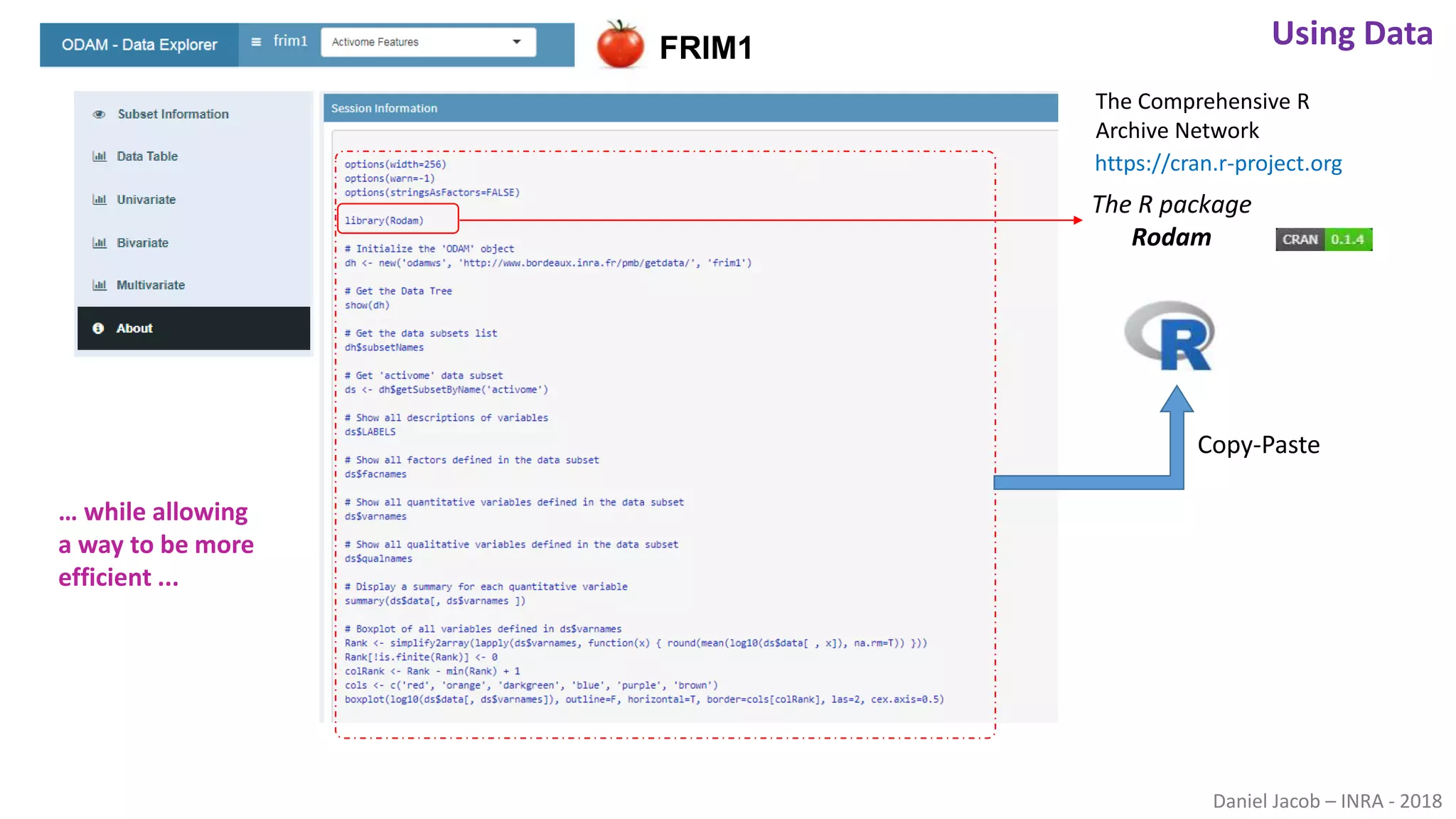 Daniel Jacob – INRA - 2018
The R package
Rodam
Copy-Paste
The Comprehensive R
Archive Network
https://cran.r-project.org
FRIM1 Using Data
… while allowing
a way to be more
efficient ...
 