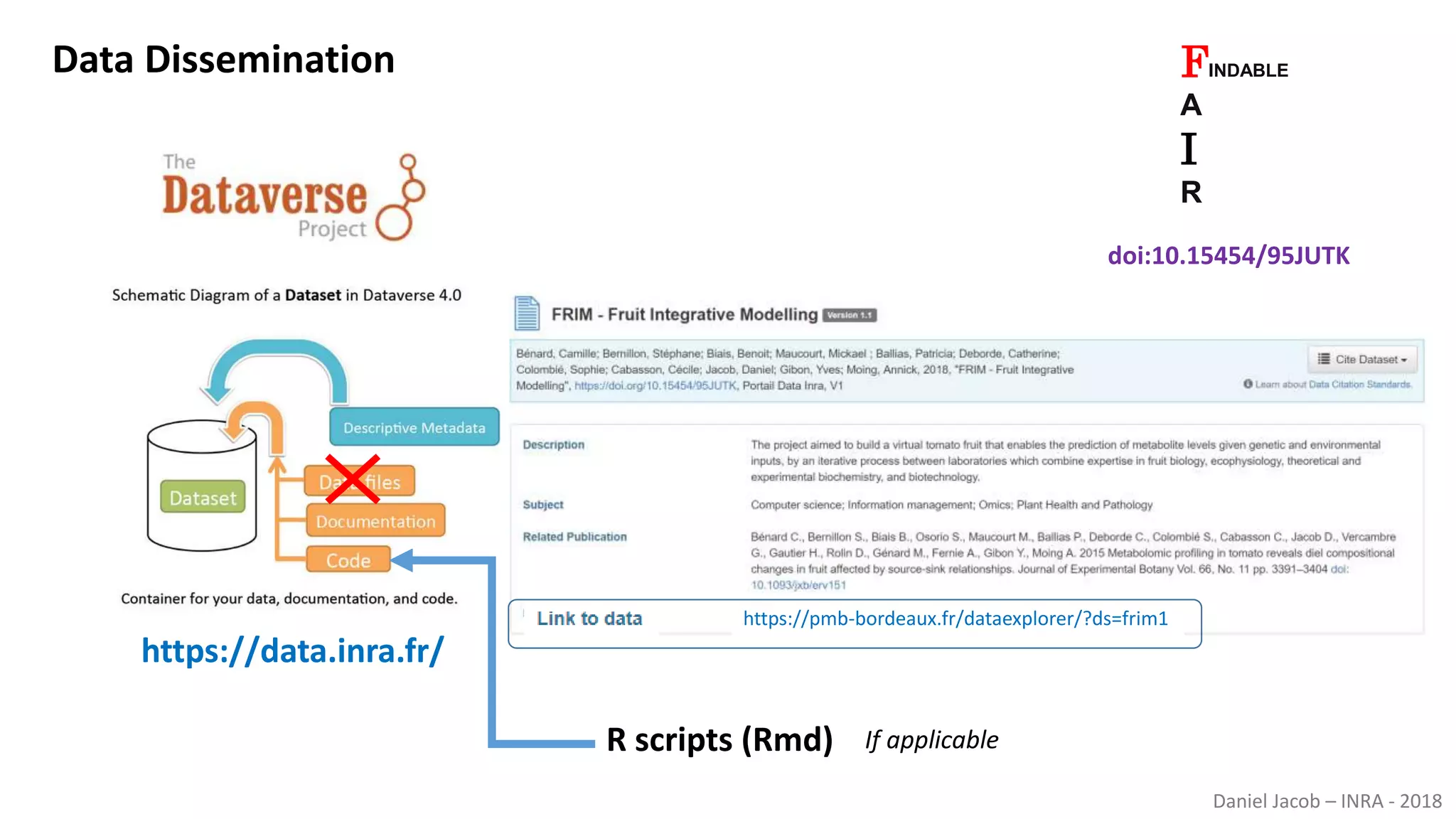 Daniel Jacob – INRA - 2018
https://pmb-bordeaux.fr/dataexplorer/?ds=frim1
doi:10.15454/95JUTK
https://data.inra.fr/
FINDABLE
A
I
R
Data Dissemination
R scripts (Rmd) If applicable
 