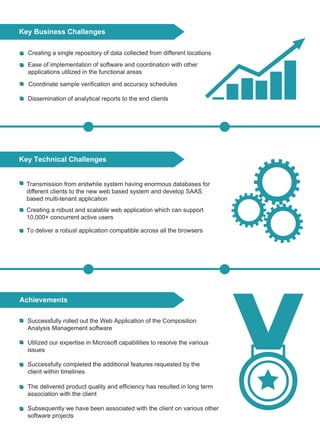 Key Business Challenges
Ease of implementation of software and coordination with other
applications utilized in the functional areas
Creating a single repository of data collected from different locations
Dissemination of analytical reports to the end clients
Coordinate sample verification and accuracy schedules
Key Technical Challenges
Achievements
Successfully rolled out the Web Application of the Composition
Analysis Management software
Utilized our expertise in Microsoft capabilities to resolve the various
issues
Successfully completed the additional features requested by the
client within timelines
Subsequently we have been associated with the client on various other
software projects
The delivered product quality and efficiency has resulted in long term
association with the client
Creating a robust and scalable web application which can support
10,000+ concurrent active users
To deliver a robust application compatible across all the browsers
Transmission from erstwhile system having enormous databases for
different clients to the new web based system and develop SAAS
based multi-tenant application
 