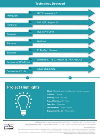21860, Via Regina, Saratoga, California 95070 USA | Ph:(408) 898-4846 | Fax: (408) 867-0666
India Development Center: G1-265-266, RIICO Industrial Area, EPIP, Sitapura, Jaipur 302022, India | Ph: (91)141-6690000
www.thePSI.com
All PSI products and services mentioned herein as well as their respective logos are trademarks or registered with PSI. All other product and service names mentioned are
the trademarks of their respective companies. Data contained in this document serves informational purposes only.
The content is subject to change without notice. This content is provided by PSI for informational purposes only, without representation or warranty of any kind, and PSI
shall not be liable for errors or omissions with respect to the content.
Global IT Solutions
Development Platforms
Windows 8.1, IIS 7, Angular JS, ASP.NET, C#
Development Tools
Visual Studio 2012
Technology Deployed
Project Highlights
Client : Market leader in intelligence software services
Location : Canada
Industry : Oil & Gas/ B2B
Project Duration : 3+ Years
Team Size : 13 people
Delivery Model : Agile – Scrum
Engagement Model : Retainership
IE, FireFox, Chrome
Browsers
Platforms
Windows
SQL Server 2014
Database
ASP.NET, Angular JS
Front End
.NET Framework 4.5
Framework
 