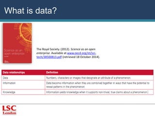 What is data? 
The Royal Society. (2012). Science as an open 
enterprise. Available at www.oecd.org/sti/sci-tech/ 
38500813.pdf (retrieved 18 October 2014). 
 