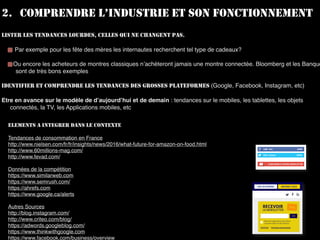 2. COMPRENDRE L’INDUSTRIE ET SON FONCTIONNEMENT
LISTER LES TENDANCES LOURDES, CELLES QUI NE CHANGENT PAS.
Par exemple pour les fête des mères les internautes recherchent tel type de cadeaux?
Ou encore les acheteurs de montres classiques n’achèteront jamais une montre connectée. Bloomberg et les Banque
sont de très bons exemples
IDENTIFIER ET COMPRENDRE LES TENDANCES DES GROSSES PLATEFORMES (Google, Facebook, Instagram, etc)
Etre en avance sur le modèle de d’aujourd’hui et de demain : tendances sur le mobiles, les tablettes, les objets
connectés, la TV, les Applications mobiles, etc
ELEMENTS A INTEGRER DANS LE CONTEXTE
Tendances de consommation en France
http://www.nielsen.com/fr/fr/insights/news/2016/what-future-for-amazon-on-food.html
http://www.60millions-mag.com/
http://www.fevad.com/
Données de la compétition
https://www.similarweb.com
https://www.semrush.com/
https://ahrefs.com
https://www.google.ca/alerts
Autres Sources
http://blog.instagram.com/
http://www.criteo.com/blog/
https://adwords.googleblog.com/
https://www.thinkwithgoogle.com
https://www.facebook.com/business/overview
 