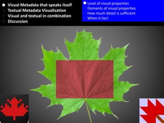 Visual Metadata that speaks itself
Textual Metadata Visualization
Visual and textual in combination
Discussion
Level of visual properties
Elements of visual properties
How much detail is sufficient
When it lies!
 