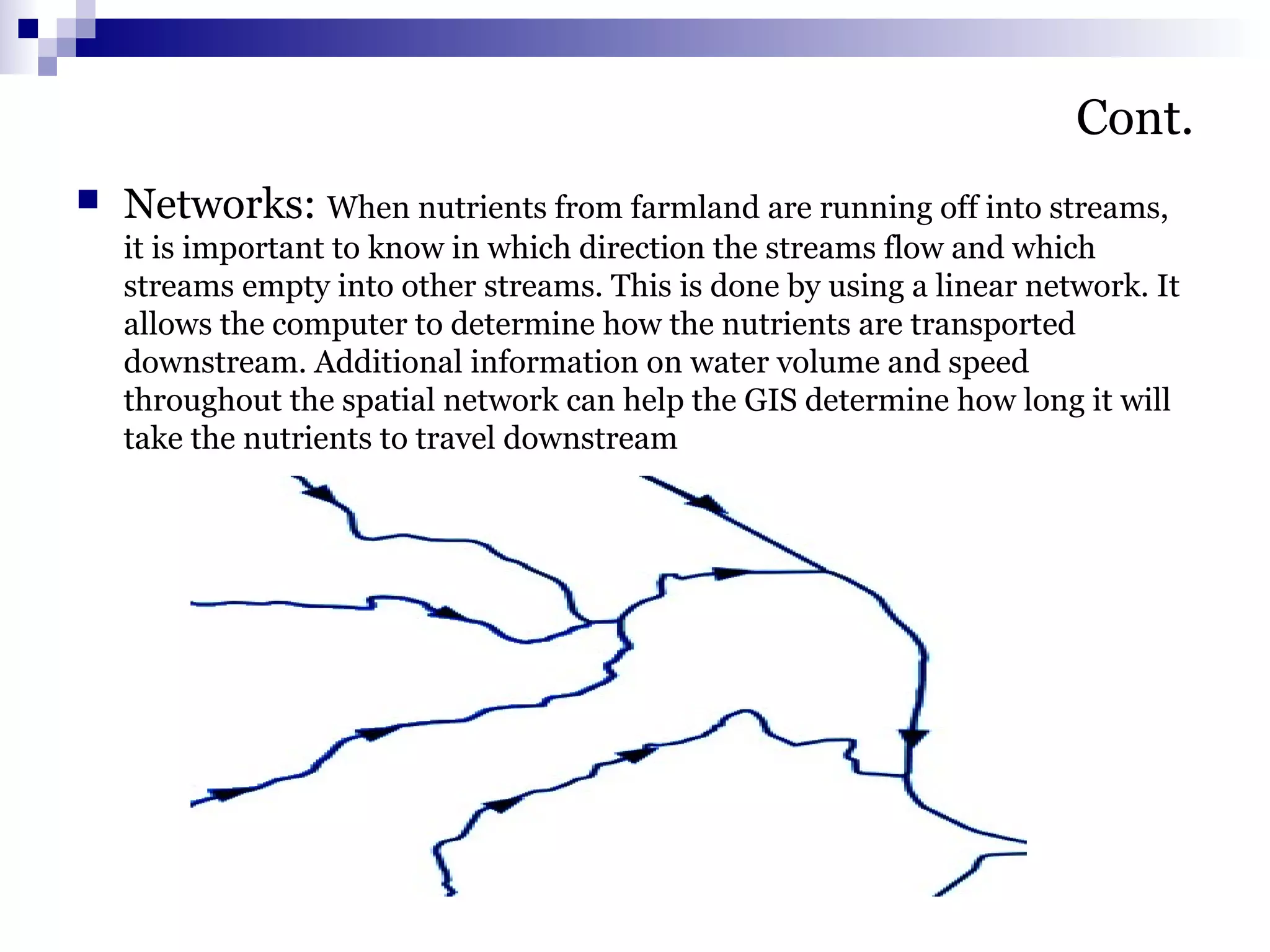 Cont.
 Networks: When nutrients from farmland are running off into streams,
it is important to know in which direction the streams flow and which
streams empty into other streams. This is done by using a linear network. It
allows the computer to determine how the nutrients are transported
downstream. Additional information on water volume and speed
throughout the spatial network can help the GIS determine how long it will
take the nutrients to travel downstream
 