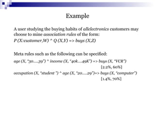 Example
A user studying the buying habits of allelectronics customers may
choose to mine association rules of the form:
P (X:customer,W) ^ Q (X,Y) => buys (X,Z)
Meta rules such as the following can be specified:
age (X, “30…..39”) ^ income (X, “40k….49K”) => buys (X, “VCR”)
[2.2%, 60%]
occupation (X, “student ”) ^ age (X, “20…..29”)=> buys (X, “computer”)
[1.4%, 70%]
 