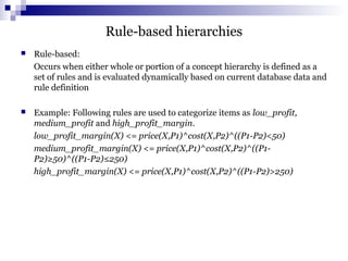 Rule-based hierarchies
 Rule-based:
Occurs when either whole or portion of a concept hierarchy is defined as a
set of rules and is evaluated dynamically based on current database data and
rule definition
 Example: Following rules are used to categorize items as low_profit,
medium_profit and high_profit_margin.
low_profit_margin(X) <= price(X,P1)^cost(X,P2)^((P1-P2)<50)
medium_profit_margin(X) <= price(X,P1)^cost(X,P2)^((P1-
P2)≥50)^((P1-P2)≤250)
high_profit_margin(X) <= price(X,P1)^cost(X,P2)^((P1-P2)>250)
 