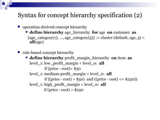Syntax for concept hierarchy specification (2)
 operation-derived concept hierarchy
 define hierarchy age_hierarchy for age on customer as
{age_category(1), ..., age_category(5)} := cluster (default, age, 5) <
all(age)
 rule-based concept hierarchy
 define hierarchy profit_margin_hierarchy on item as
level_1: low_profit_margin < level_0: all
if (price - cost)< $50
level_1: medium-profit_margin < level_0: all
if ((price - cost) > $50) and ((price - cost) <= $250))
level_1: high_profit_margin < level_0: all
if (price - cost) > $250
 