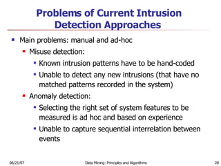 Problems of Current Intrusion Detection Approaches  Main problems: manual and ad-hoc  Misuse detection:  Known intrusion patterns have to be hand-coded  Unable to detect any new intrusions (that have no matched patterns recorded in the system)  Anomaly detection:  Selecting the right set of system features to be measured is ad hoc and based on experience  Unable to capture sequential interrelation between events 