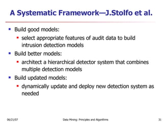 A Systematic Framework—J.Stolfo et al. Build good models:  select appropriate features of audit data to build intrusion detection models  Build better models:  architect a hierarchical detector system that combines multiple detection models  Build updated models:  dynamically update and deploy new detection system as needed 