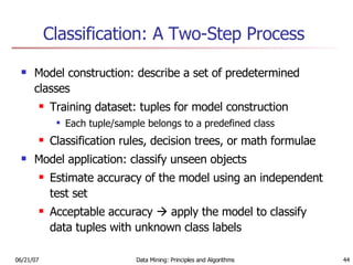 Classification: A Two-Step Process  Model construction: describe a set of predetermined classes Training dataset: tuples for model construction Each tuple/sample belongs to a predefined class Classification rules, decision trees, or math formulae Model application: classify unseen objects Estimate accuracy of the model using an independent test set Acceptable accuracy    apply the model to classify data tuples with unknown class labels 