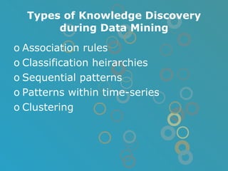 Types of Knowledge Discovery during Data Mining Association rules Classification heirarchies Sequential patterns Patterns within time-series Clustering 