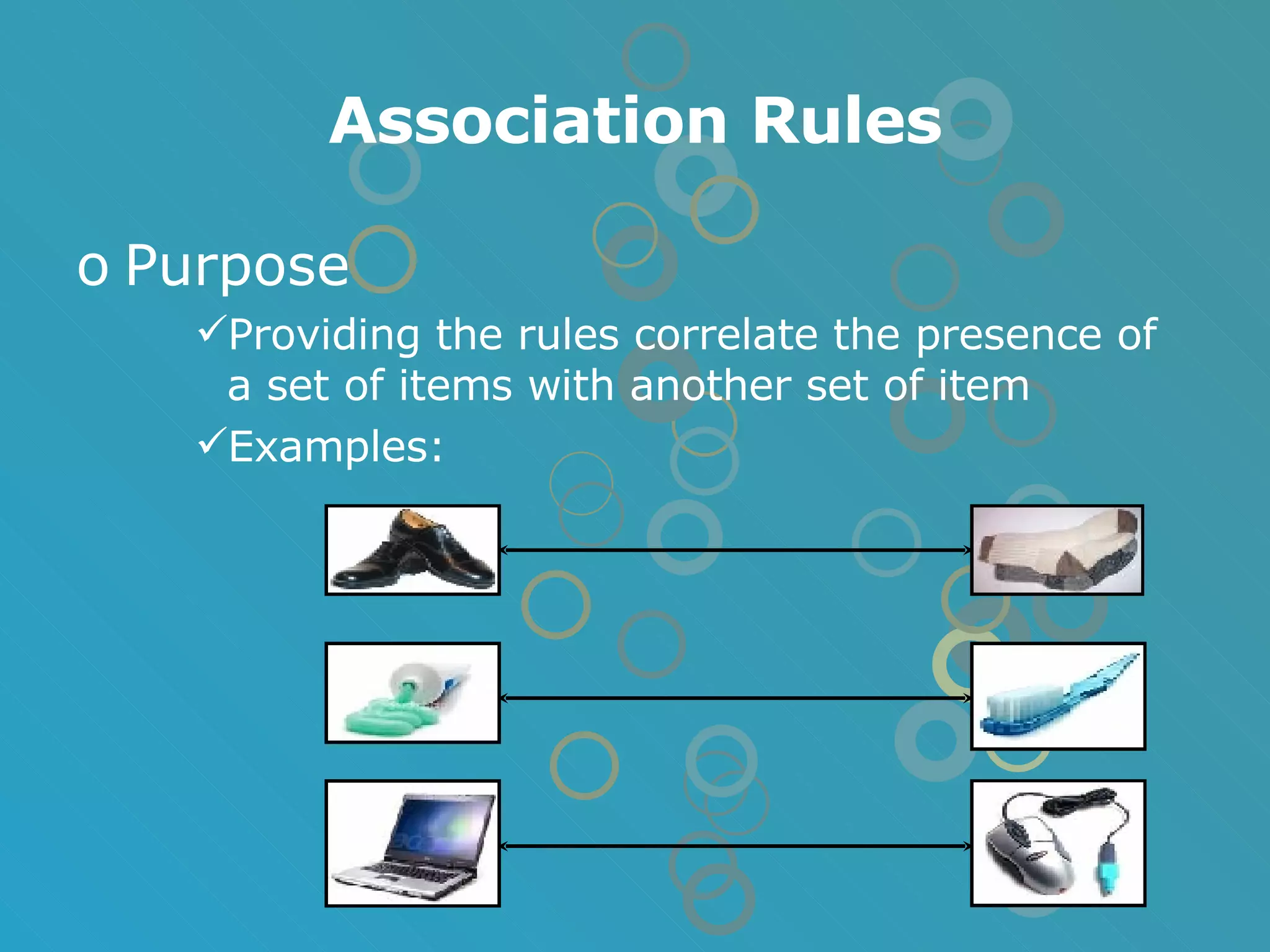 Association Rules Purpose Providing the rules correlate the presence of a set of items with another set of item Examples:  
