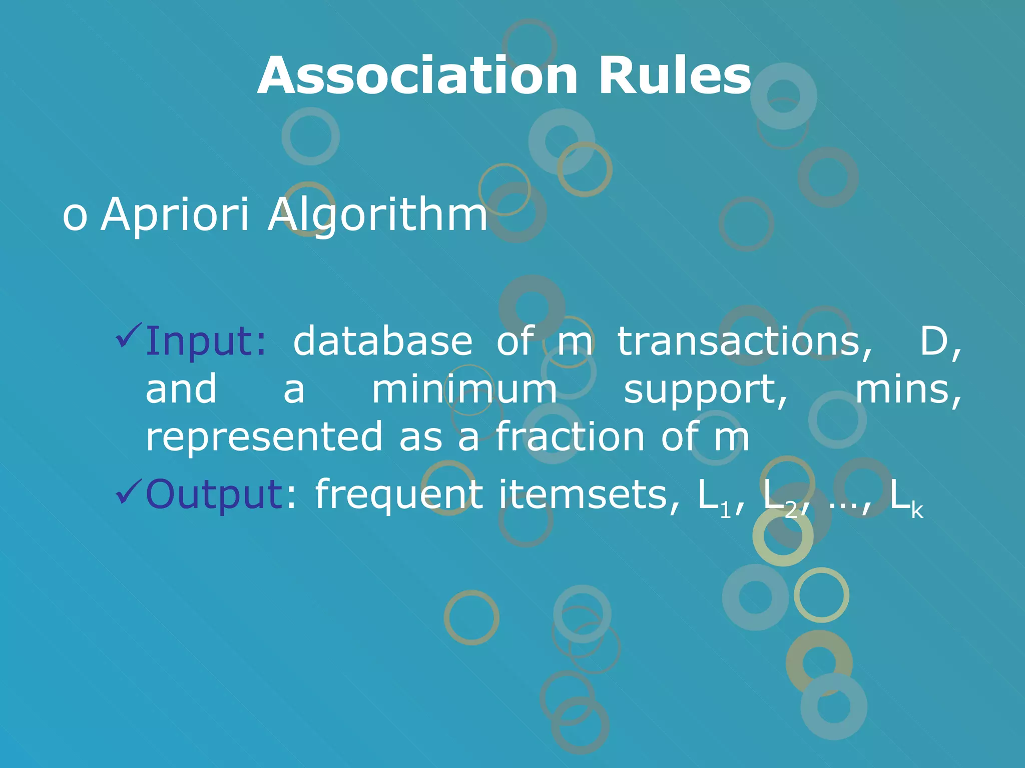 Association Rules Apriori Algorithm Input:  database of m transactions,  D, and a minimum support, mins, represented as a fraction of m Output : frequent itemsets, L 1 , L 2 , …, L k 
