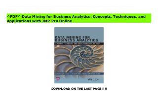 DOWNLOAD ON THE LAST PAGE !!!!
[#Download%] (Free Download) Data Mining for Business Analytics: Concepts, Techniques, and Applications with JMP Pro Ebook Data Mining for Business Analytics: Concepts, Techniques, and Applications with JMP Pro(R) presents an applied and interactive approach to data mining.Featuring hands-on applications with JMP Pro(R), a statistical package from the SAS Institute, the bookuses engaging, real-world examples to build a theoretical and practical understanding of key data mining methods, especially predictive models for classification and prediction. Topics include data visualization, dimension reduction techniques, clustering, linear and logistic regression, classification and regression trees, discriminant analysis, naive Bayes, neural networks, uplift modeling, ensemble models, and time series forecasting.Data Mining for Business Analytics: Concepts, Techniques, and Applications with JMP Pro(R) also includes:Detailed summaries that supply an outline of key topics at the beginning of each chapter End-of-chapter examples and exercises that allow readers to expand their comprehension of the presented material Data-rich case studies to illustrate various applications of data mining techniques A companion website with over two dozen data sets, exercises and case study solutions, and slides for instructors www.dataminingbook.com Data Mining for Business Analytics: Concepts, Techniques, and Applications with JMP Pro(R) is an excellent textbook for advanced undergraduate and graduate-level courses on data mining, predictive analytics, and business analytics. The book is also a one-of-a-kind resource for data scientists, analysts, researchers, and practitioners working with analytics in the fields of management, finance, marketing, information technology, healthcare, education, and any other data-rich field.
^PDF^ Data Mining for Business Analytics: Concepts, Techniques, and
Applications with JMP Pro Online
 