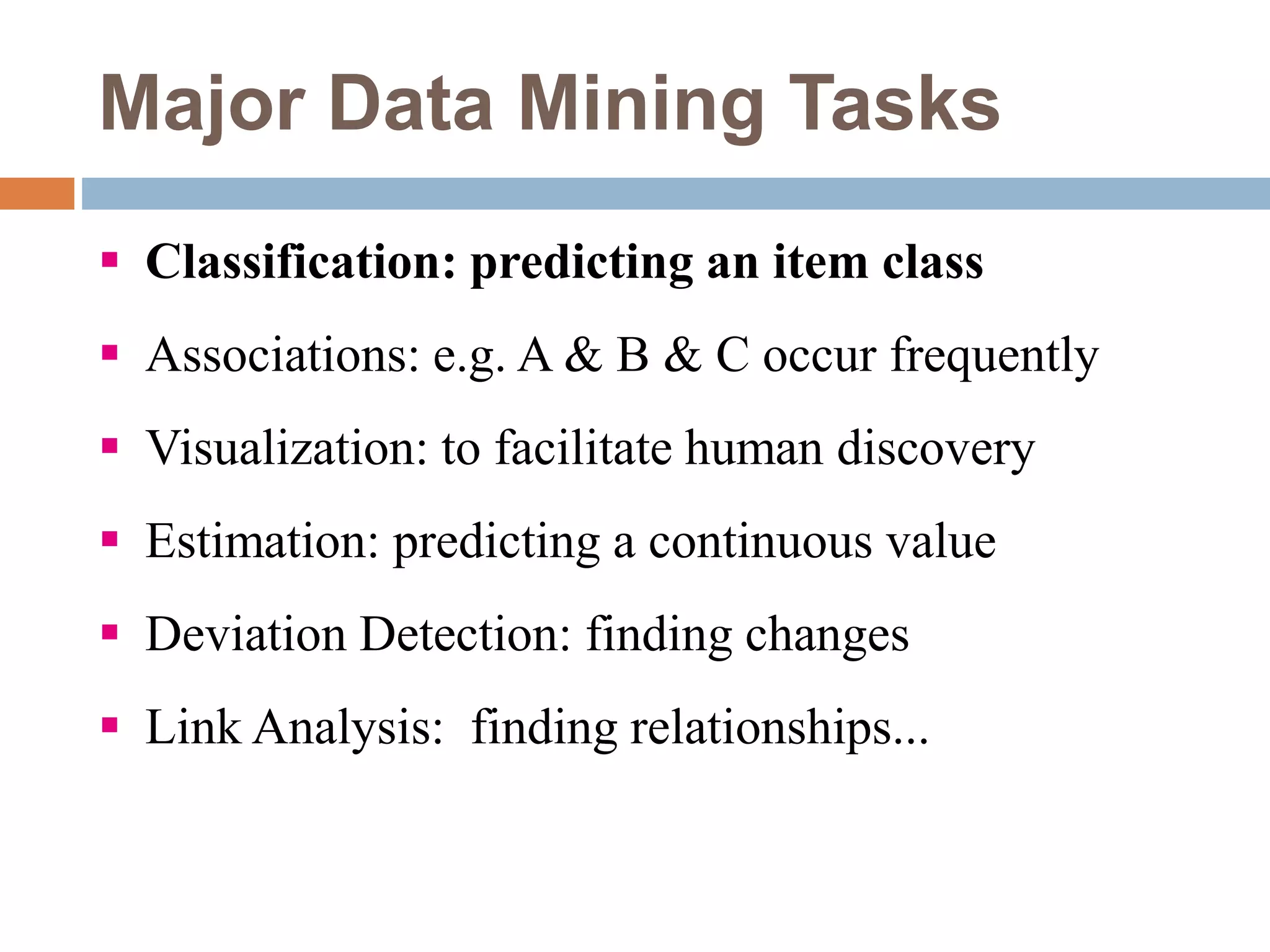 Major Data Mining Tasks
 Classification: predicting an item class
 Associations: e.g. A & B & C occur frequently
 Visualization: to facilitate human discovery
 Estimation: predicting a continuous value
 Deviation Detection: finding changes
 Link Analysis: finding relationships...
 