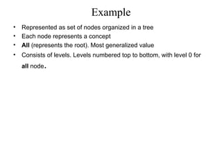 Example
•
•
•

Represented as set of nodes organized in a tree
Each node represents a concept
All (represents the root). Most generalized value

•

Consists of levels. Levels numbered top to bottom, with level 0 for
all node

.

 