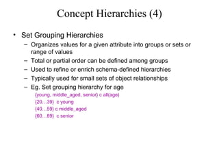 Concept Hierarchies (4)
• Set Grouping Hierarchies
– Organizes values for a given attribute into groups or sets or
range of values
– Total or partial order can be defined among groups
– Used to refine or enrich schema-defined hierarchies
– Typically used for small sets of object relationships
– Eg. Set grouping hierarchy for age
{young, middle_aged, senior} c all(age)
{20…39} c young
{40…59} c middle_aged
{60…89} c senior

 