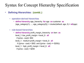 Syntax for Concept Hierarchy Specification
•

Defining Hierarchies : (contd..)
– operation-derived hierarchies
• define hierarchy age_hierarchy for age on customer as
{age_category(1), ..., age_category(5)} := cluster(default, age, 5) < all(age)

– rule-based hierarchies
• define hierarchy profit_margin_hierarchy on item as
level_1: low_profit_margin < level_0: all
if (price - cost)< $50
level_1: medium-profit_margin < level_0: all
if ((price - cost) > $50) and ((price - cost) <= $250))
level_1: high_profit_margin < level_0: all
if (price - cost) > $250

 