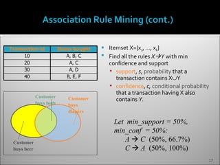 Transaction-id           Items bought    Itemset X={x1, …, xk}
     10                     A, B, C      Find all the rules XY with min
     20                      A, C         confidence and support
     30                      A, D          support, s, probability that a
     40                     B, E, F          transaction contains X∪Y
                                           confidence, c, conditional probability
                                             that a transaction having X also
             Customer       Customer         contains Y.
             buys both      buys
                            diapers

                                            Let min_support = 50%,
                                            min_conf = 50%:
 Customer
                                               A  C (50%, 66.7%)
 buys beer                                     C  A (50%, 100%)
                                                                                 17
 