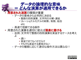 データの論理的な意味
＝ どんな演算が適用できるか
● 用意された演算の種類が重要
– データの意味から必然的に決まる
● 整数の四則演算、文字列の分解・連結
● リレーショナルモデルの射影、制限、結合
etc
– 高速で信頼できる操作
●
用意された演算を適切に使えば簡素に書ける
– 反例：文字列で整数の四則演算を実装するケースを考え
よ
●
遅い
● 実装できてもバグだらけ
●
そもそも実装する意味がない
– データの種類に応じて適切な操作方法は異なる！！
 