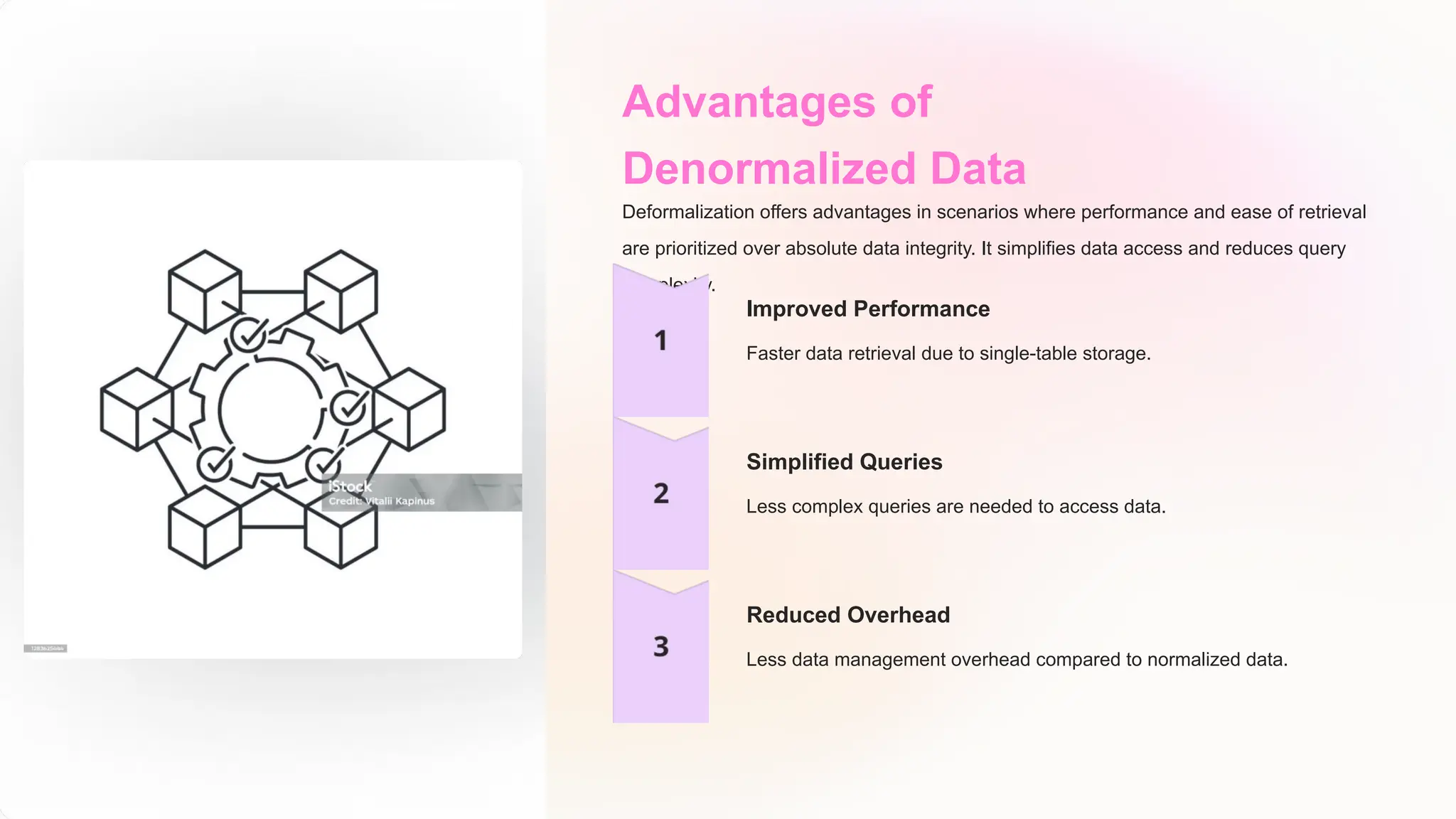Advantages of
Denormalized Data
Deformalization offers advantages in scenarios where performance and ease of retrieval
are prioritized over absolute data integrity. It simplifies data access and reduces query
complexity.
Improved Performance
Faster data retrieval due to single-table storage.
Simplified Queries
Less complex queries are needed to access data.
Reduced Overhead
Less data management overhead compared to normalized data.
 
