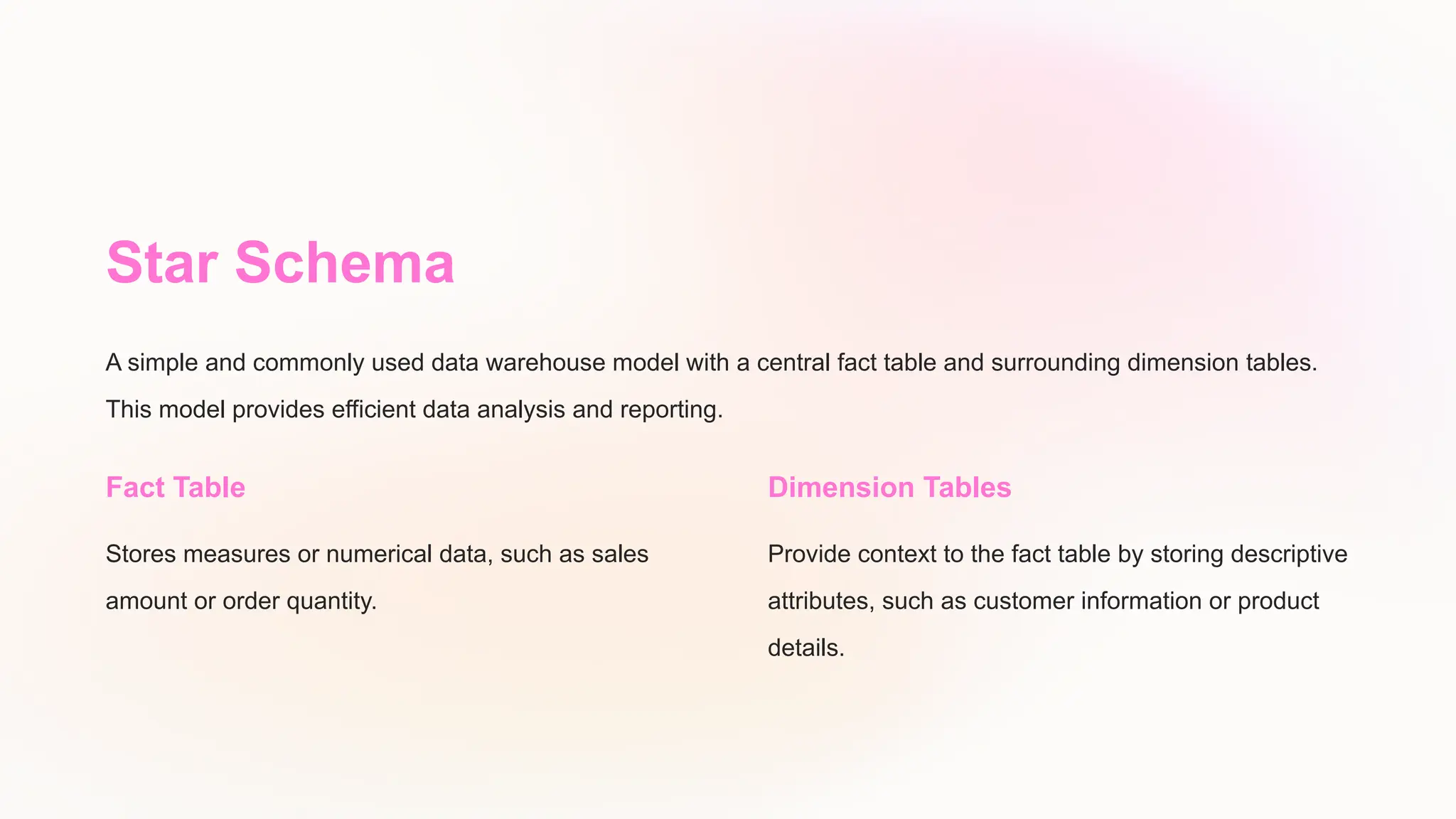 Star Schema
A simple and commonly used data warehouse model with a central fact table and surrounding dimension tables.
This model provides efficient data analysis and reporting.
Fact Table
Stores measures or numerical data, such as sales
amount or order quantity.
Dimension Tables
Provide context to the fact table by storing descriptive
attributes, such as customer information or product
details.
 