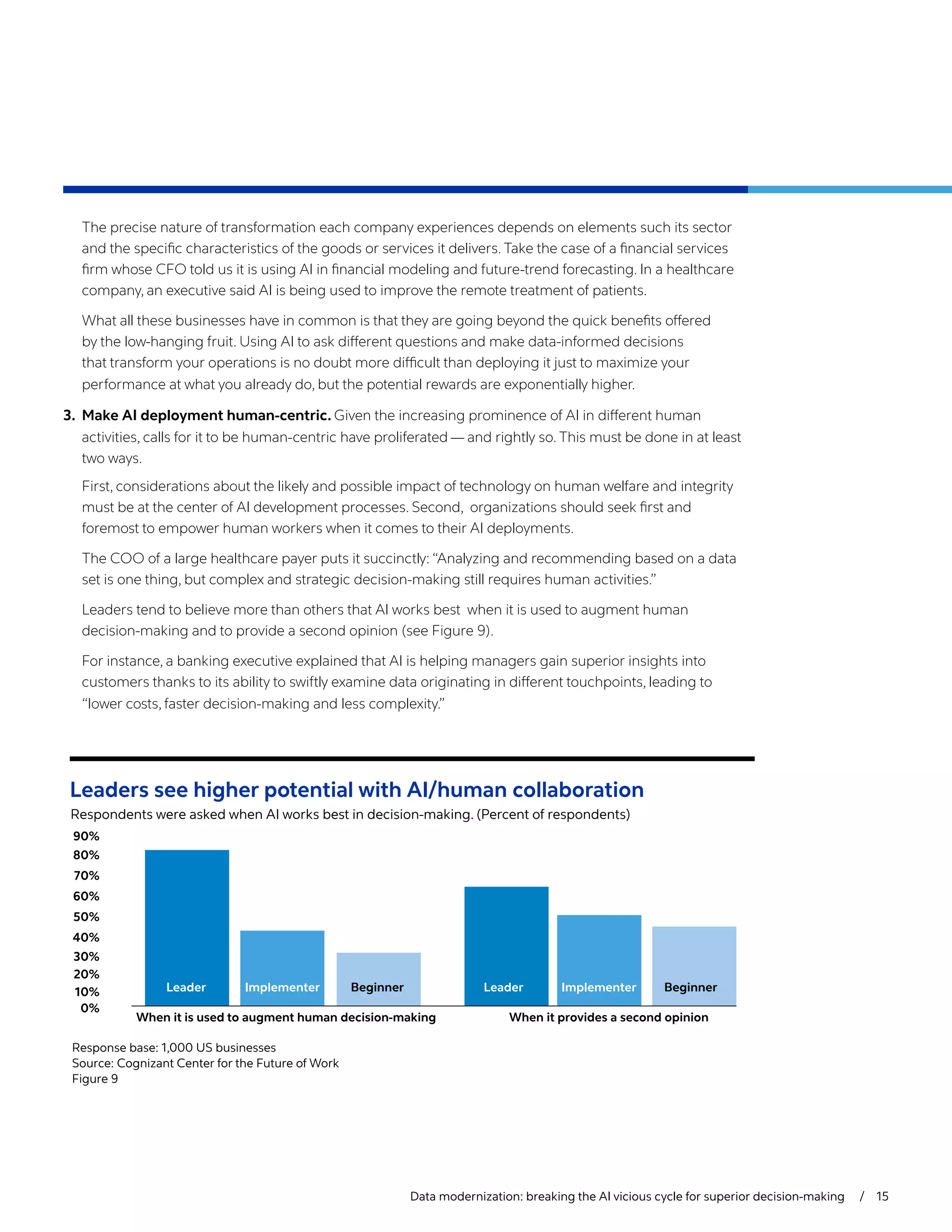 Data modernization: breaking the AI vicious cycle for superior decision-making  / 15
The precise nature of transformation each company experiences depends on elements such its sector
and the specific characteristics of the goods or services it delivers. Take the case of a financial services
firm whose CFO told us it is using AI in financial modeling and future-trend forecasting. In a healthcare
company, an executive said AI is being used to improve the remote treatment of patients.
What all these businesses have in common is that they are going beyond the quick benefits offered
by the low-hanging fruit. Using AI to ask different questions and make data-informed decisions
that transform your operations is no doubt more difficult than deploying it just to maximize your
performance at what you already do, but the potential rewards are exponentially higher.
3.	 Make AI deployment human-centric. Given the increasing prominence of AI in different human
activities, calls for it to be human-centric have proliferated — and rightly so. This must be done in at least
two ways.
First, considerations about the likely and possible impact of technology on human welfare and integrity
must be at the center of AI development processes. Second, organizations should seek first and
foremost to empower human workers when it comes to their AI deployments.
The COO of a large healthcare payer puts it succinctly: “Analyzing and recommending based on a data
set is one thing, but complex and strategic decision-making still requires human activities.”
Leaders tend to believe more than others that AI works best when it is used to augment human
decision-making and to provide a second opinion (see Figure 9).
For instance, a banking executive explained that AI is helping managers gain superior insights into
customers thanks to its ability to swiftly examine data originating in different touchpoints, leading to
“lower costs, faster decision-making and less complexity.”
Leaders see higher potential with AI/human collaboration
Response base: 1,000 US businesses
Source: Cognizant Center for the Future of Work
Figure 9
Respondents were asked when AI works best in decision-making. (Percent of respondents)
When it is used to augment human decision-making When it provides a second opinion
0%
10%
20%
30%
40%
50%
60%
70%
80%
90%
Leader Leader
Implementer Implementer
Beginner Beginner
 