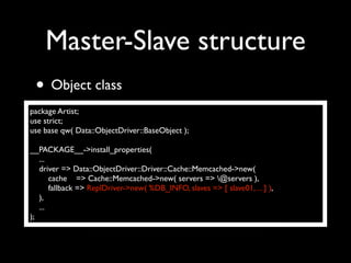 Master-Slave structure
 • Object class
package Artist;
use strict;
use base qw( Data::ObjectDriver::BaseObject );

__PACKAGE__->install_properties(
   ...
   driver => Data::ObjectDriver::Driver::Cache::Memcached->new(
       cache => Cache::Memcached->new( servers => @servers ),
       fallback => ReplDriver->new( %DB_INFO, slaves => [ slave01, ... ] ),
   ),
   ...
);
 