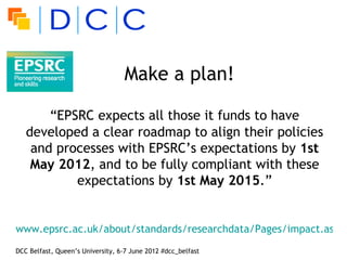 Make a plan!

       “EPSRC expects all those it funds to have
   developed a clear roadmap to align their policies
    an...