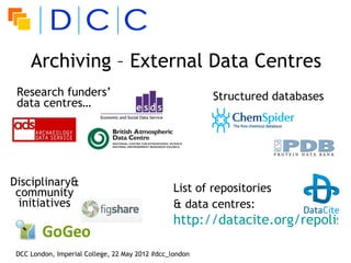 Archiving – External Data Centres
 Research funders’                                       Structured databases
 data centres…




Disciplinary&
 community                                       List of repositories
  initiatives                                    & data centres:
                                                 http://datacite.org/repolist

 DCC London, Imperial College, 22 May 2012 #dcc_london
 
