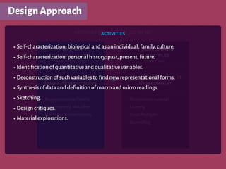 DesignApproach
artwork production (2d or 3d)
physical
visualization
Moere & Patel (2009)
•Representational Fidelity
•Data-mapping Metaphor
•Symbolic Representations
Just introduced for
inspiration purposes
visualization
principles
Tufte (1990)
•Macro/micro readings
•Layering
•Small Multiples
•Storytelling
Introduced earlier in
the semester
+
•Self-characterization: biological and as an individual,family,culture.
•Self-characterization: personal history: past,present,future.
•Identiﬁcation of quantitative and qualitative variables.
•Deconstruction of such variables to ﬁnd new representational forms.
•Synthesis of data and deﬁnition of macro and micro readings.
•Sketching.
•Design critiques.
•Material explorations.
activities
 