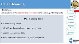Data Cleaning
• Importance
Data cleaning is the number one problem during working with large data.
Data Cleaning Tasks
• F...