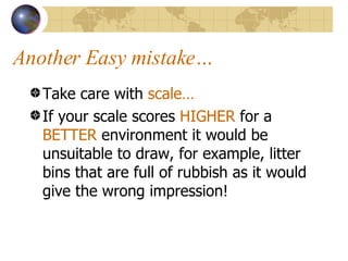 Another Easy mistake… Take care with  scale…   If your scale scores  HIGHER  for a  BETTER  environment it would be unsuitable to draw, for example, litter bins that are full of rubbish as it would give the wrong impression! 