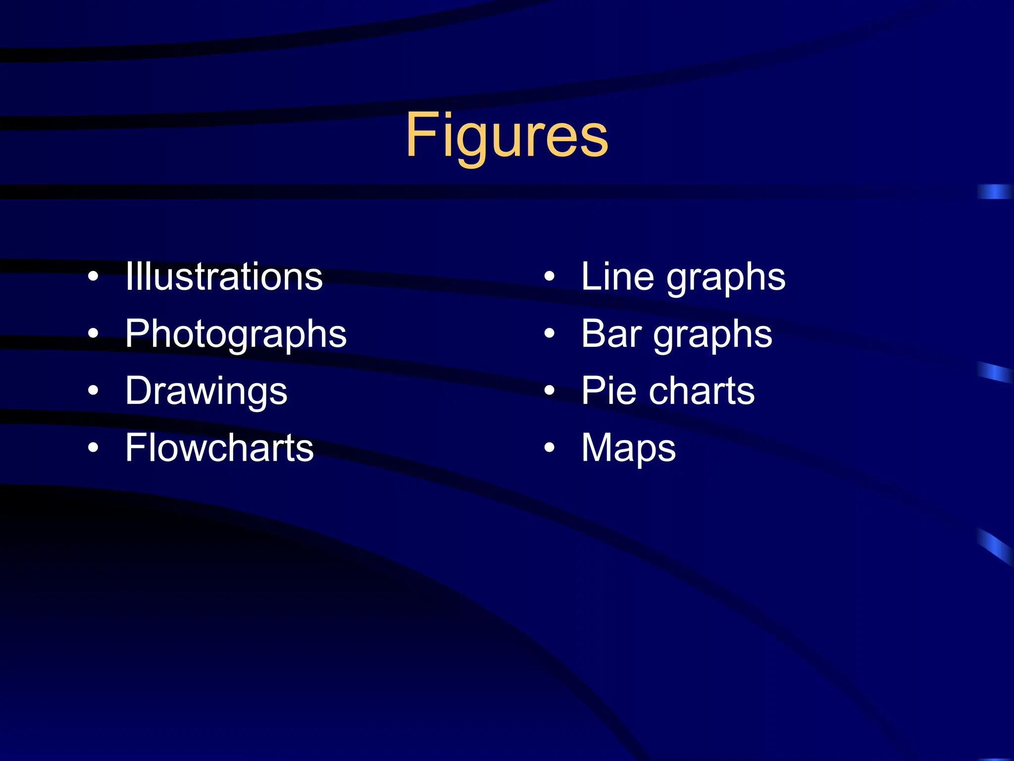 Figures
• Illustrations
• Photographs
• Drawings
• Flowcharts
• Line graphs
• Bar graphs
• Pie charts
• Maps
 
