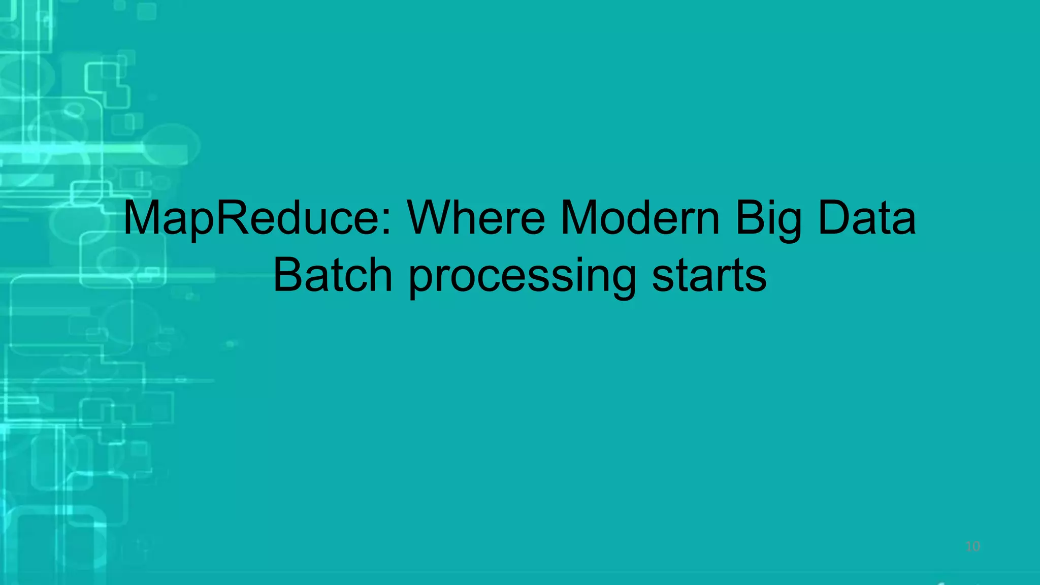 MapReduce: Where Modern Big Data
Batch processing starts
10
 