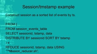 Session/tmstamp example
Construct session as a sorted list of events by ts.
FROM (
FROM session_events_table
SELECT sessionid, tstamp, data
DISTRIBUTE BY sessionid SORT BY tstamp
) a
REDUCE sessionid, tstamp, data USING
'session_reducer.sh';7/23/2018 23
 