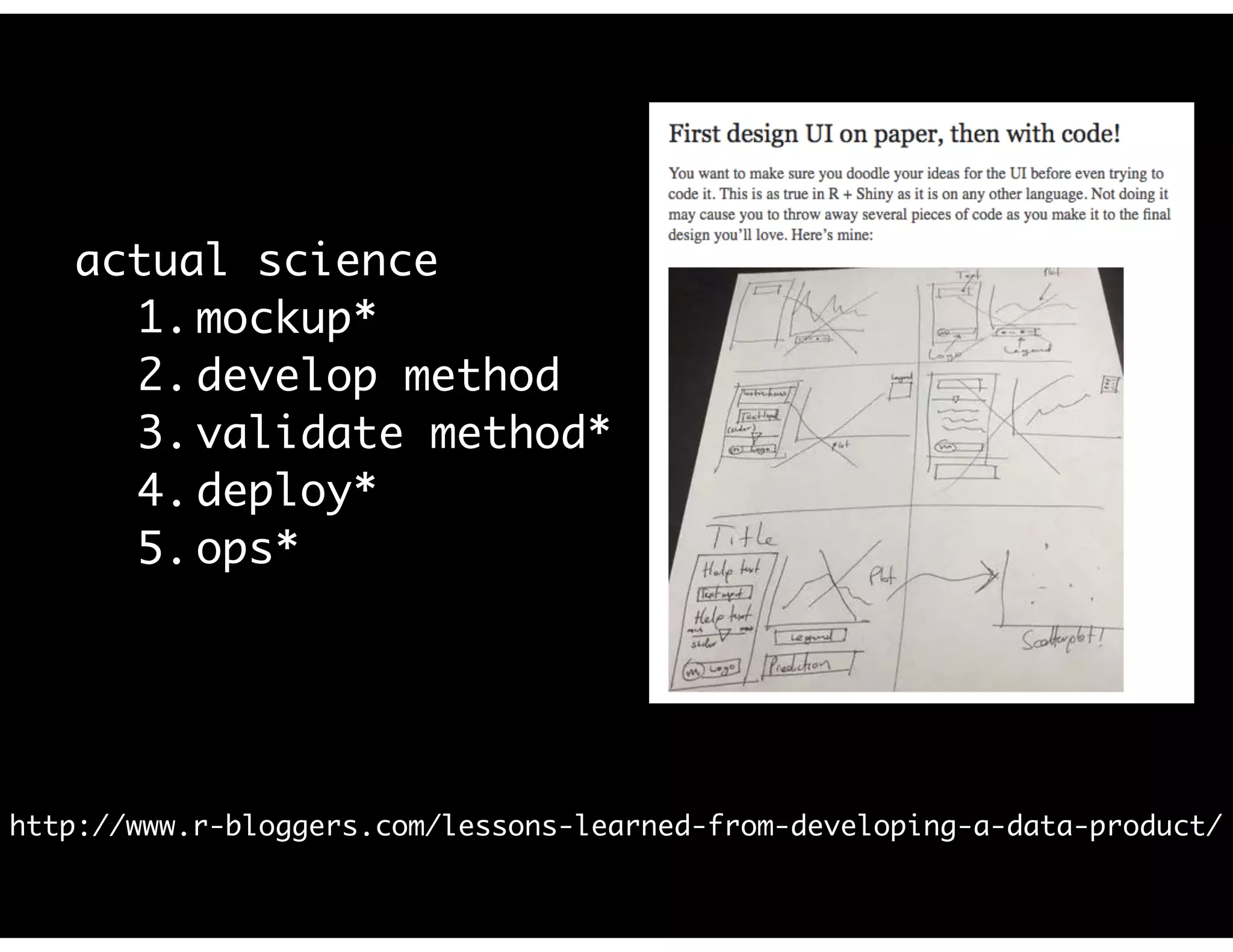actual science *with customer iteration
1. mockup*
2. develop method
3. validate method*
4. deploy*
5. ops*
http://www.r-bloggers.com/lessons-learned-from-developing-a-data-product/
 