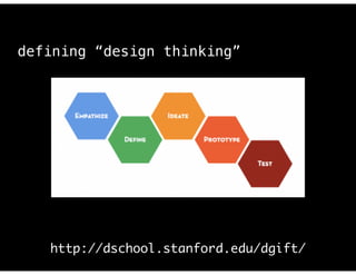 https://steveblank.com/2014/07/30/driving-corporate-innovation-design-thinking-customer-development/
http://dschool.stanford.edu/dgift/
defining “design thinking”
 