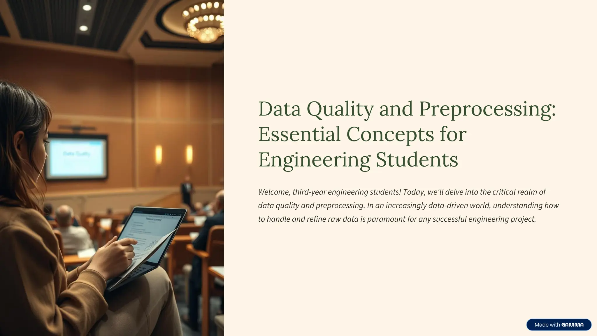 Data Quality and Preprocessing:
Essential Concepts for
Engineering Students
Welcome, third-year engineering students! Today, we'll delve into the critical realm of
data quality and preprocessing. In an increasingly data-driven world, understanding how
to handle and refine raw data is paramount for any successful engineering project.
 