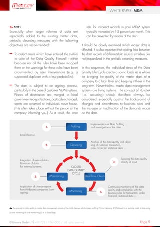 Page 9© Uniserv GmbH / +49 7231 936-1000 / All rights reserved.
WHITE PAPER: MDM
5TH STEP :
Especially when larger volumes of data are
repeatedly added to the existing master data,
periodic cleansing measures with the following
objectives are recommended:
–– To detect errors which have entered the system
in spite of the Data Quality Firewall - either
because not all the rules have been mapped
there or the warnings for these rules have been
circumvented by user interventions (e.g. a
suspected duplicate with a low probability).
–– The data is subject to an ageing process,
particularly in the case of customer MDM systems.
Places of destination are merged in local
government reorganizations, postcodes changed,
streets are renamed or individuals move house.
(This often takes place without the person or the
company informing you.) As a result, the error
rate for incorrect records in your MDM system
typically increases by 1-2 percent per month. This
can be prevented by means of this step.
It should be closely examined which master data is
affected. It is also important that existing links between
the data records of different data sources or tables are
not jeopardized in the periodic cleansing measures.
In this sequence, the individual steps of the Data
Quality Life Cycle create a sound basis as a whole
for bringing the quality of the master data of a
company to a high level and keeping it there in the
long term. Nevertheless, master data management
systems are living systems. The concept of «Cycle»
(i.e. recurring) should therefore always be
considered, especially against the background of
changes and amendments to business rules and
the increase or modification of the demands made
on the data.
CLOSED
DATA QUALITY
CYCLE
Profiling
Cleansing
Real-Time CheckMaintaining
Monitoring
Initial clean-up
Implementation of Data Profiling
and investigation of the data
Analysis of the data quality and clean-
sing of customer, transaction,
order, financial, statistical data ...
Securing the data quality
directly at input
Integration of external data.
Provision of data
for external systems.
Application of change reports
from third-party companies. (anti-
ageing)
5.
1.
2.
4.
3.
The process for data quality in master data management consists of the initial cleanup with the steps profiling (1) and cleansing (2 ) followed by a real-time check at data entry
(3) and monitoring (4) and maintaining (5) in a closed loop.
Continuous monitoring of the data
quality and compliance with the
business rules for transaction, order,
financial, statistical data ...
 