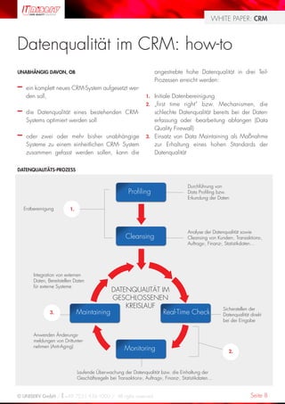 WHITE PAPER: CRM



Datenqualität im CRM: how-to
UNABHÄNGIG DAVON, OB                                                   angestrebte hohe Datenqualität in drei Teil-
                                                                       Prozessen erreicht werden:
–    ein komplett neues CRM-System aufgesetzt wer-
     den soll,                                                    1. Initiale Datenbereinigung
                                                                  2. „first time right“ bzw. Mechanismen, die
–    die Datenqualität eines bestehenden CRM-                        schlechte Datenqualität bereits bei der Daten-
     Systems optimiert werden soll                                   erfassung oder -bearbeitung abfangen (Data
                                                                     Quality Firewall)
–    oder zwei oder mehr bisher unabhängige                       3. Einsatz von Data Maintaining als Maßnahme
     Systeme zu einem einheitlichen CRM- System                      zur Erhaltung eines hohen Standards der
     zusammen gefasst werden sollen, kann die                        Datenqualität

DATENQUALITÄTS-PROZESS


                                                                                        Durchführung von
                                                         Profiling                      Data Profiling bzw.
                                                                                        Erkundung der Daten

    Erstbereinigung       1.



                                                                                        Analyse der Datenqualität sowie
                                                        Cleansing                       Cleansing von Kunden-, Transaktions-,
                                                                                        Auftrags-, Finanz-, Statistikdaten…




        Integration von externen
        Daten, Bereitstellen Daten
        für externe Systeme
                                           DATENQUALITÄT IM
                                           GESCHLOSSENEN
                                               KREISLAUF                                                 Sicherstellen der
                 3.            Maintaining                Real-Time Check                                Datenqualität direkt
                                                                                                         bei der Eingabe


        Anwenden Änderungs-
        meldungen von Drittunter-
        nehmen (Anti-Aging)
                                                       Monitoring                                           2.



                               Laufende Überwachung der Datenqualität bzw. die Einhaltung der
                               Geschäftsregeln bei Transaktions-, Auftrags-, Finanz-, Statistikdaten…


© UNISERV GmbH / +49 7231 936-1000 / All rights reserved.                                                              Seite 8
 