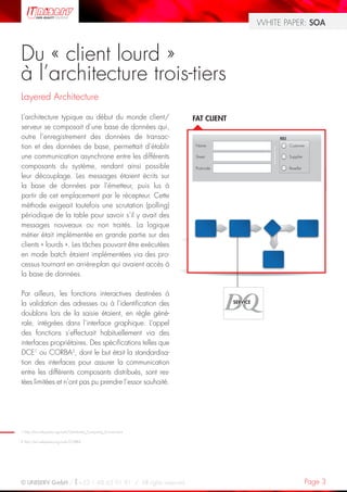 WHITE PAPER: SOA



Du « client lourd »
à l’architecture trois-tiers
Layered Architecture                                                        LAYERED ARCHITECTURE
L’architecture typique au début du monde client/                   FAT CLIENT
serveur se composait d’une base de données qui,
outre l’enregistrement des données de transac-                                          ROLE

tion et des données de base, permettait d’établir                  Name                        Customer

une communication asynchrone entre les différents                  Street                      Supplier

composants du système, rendant ainsi possible                      Postcode                    Reseller

leur découplage. Les messages étaient écrits sur
la base de données par l’émetteur, puis lus à
partir de cet emplacement par le récepteur. Cette
méthode exigeait toutefois une scrutation (polling)
périodique de la table pour savoir s’il y avait des
messages nouveaux ou non traités. La logique
métier était implémentée en grande partie sur des
clients « lourds ». Les tâches pouvant être exécutées
en mode batch étaient implémentées via des pro-
cessus tournant en arrière-plan qui avaient accès à
la base de données.

Par ailleurs, les fonctions interactives destinées à
la validation des adresses ou à l’identification des
doublons lors de la saisie étaient, en règle géné-
rale, intégrées dans l’interface graphique. L’appel
des fonctions s’effectuait habituellement via des
interfaces propriétaires. Des spécifications telles que
DCE1 ou CORBA2, dont le but était la standardisa-
tion des interfaces pour assurer la communication
entre les différents composants distribués, sont res-
tées limitées et n’ont pas pu prendre l’essor souhaité.




1 http://en.wikipedia.org/wiki/Distributed_Computing_Environment

2 http://en.wikipedia.org/wiki/CORBA




© UNISERV GmbH / +33 1 48 63 91 91 / All rights reserved.                                                 Page 3
 
